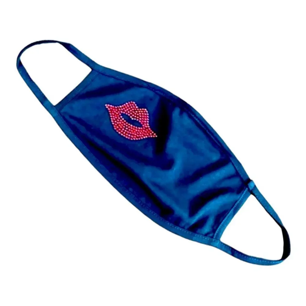 Red Lips Glittery Rhinestones Reusable Black Face Masks